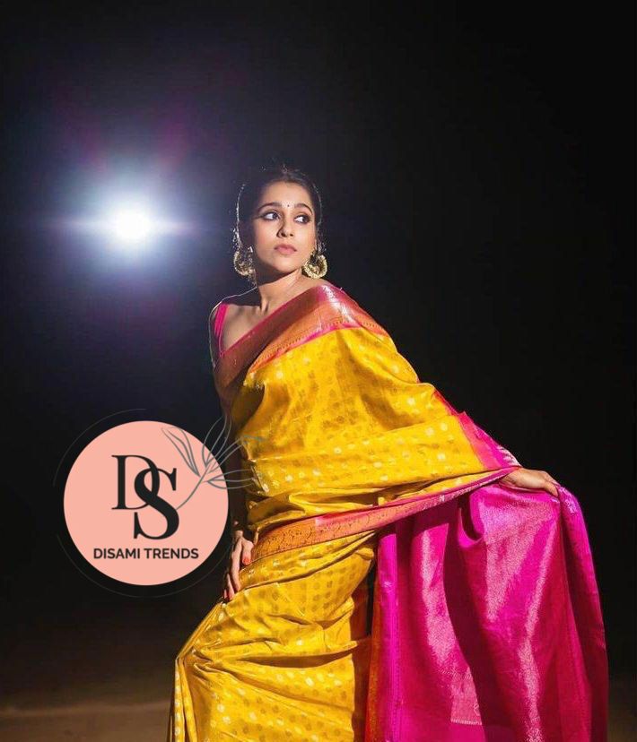 Hena Bright Yellow Pink Saree | Saree, Indian wedding outfits, Pink saree